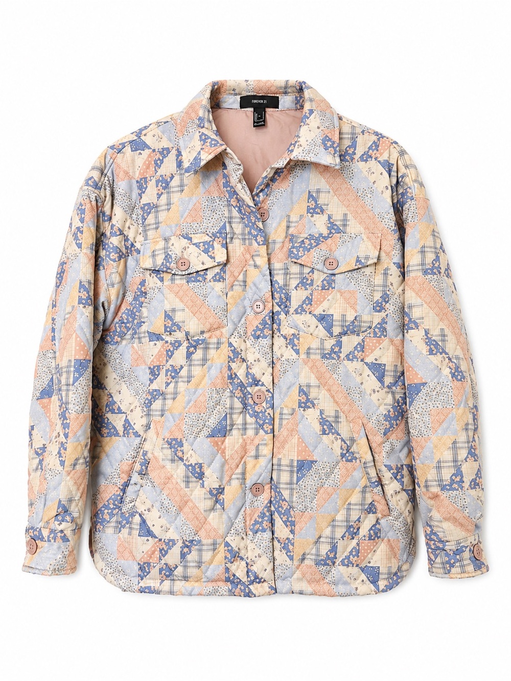 Forever 21 Quilted Patchwork Utility Jacket - Peach, Blue & Cream
